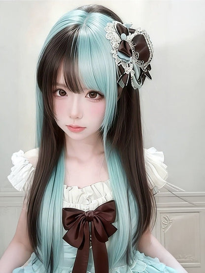 Green & Brown Highlight 60cm Straight Air Bangs Wig - Meow Island Wig