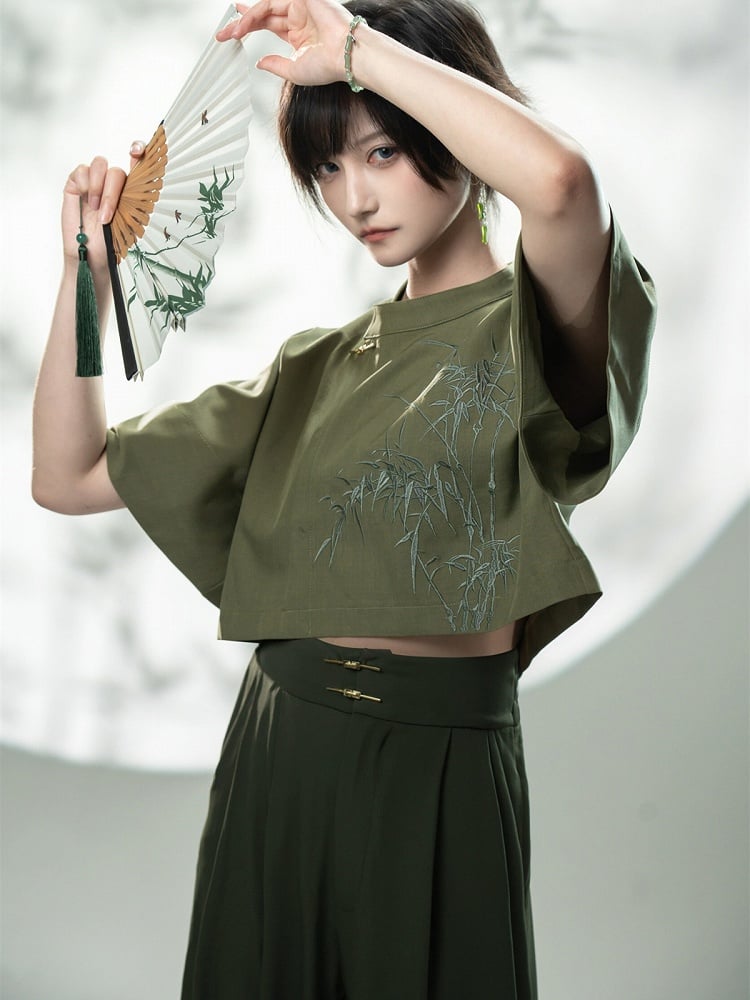 Green Bamboo Embroidered Short Sleeve Top - Feng Hua Gui Guo Ling