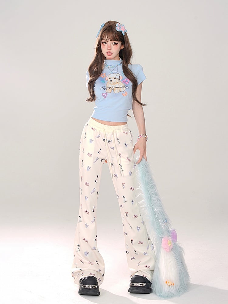 Beige Regular/Thicken Slim-Fit Flared Pants with Realistic Cat Prints and Elastic Waistband