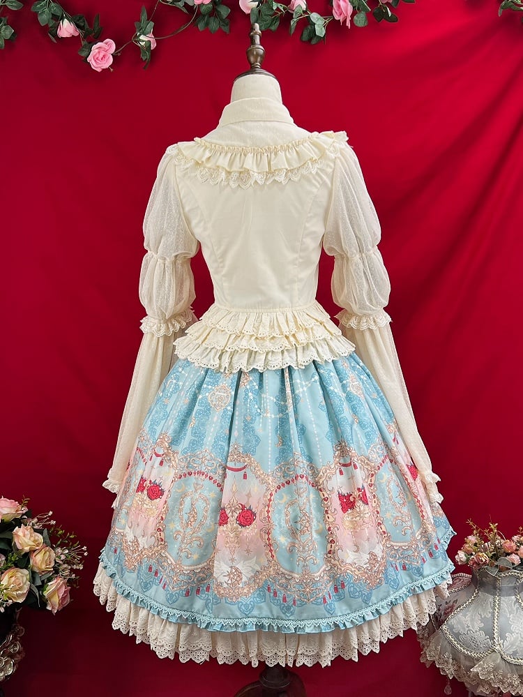 Apricot Bell Sleeves Tiered Scalloped Eyelet Trim Hemline Blouse with Lace Jabot Tie