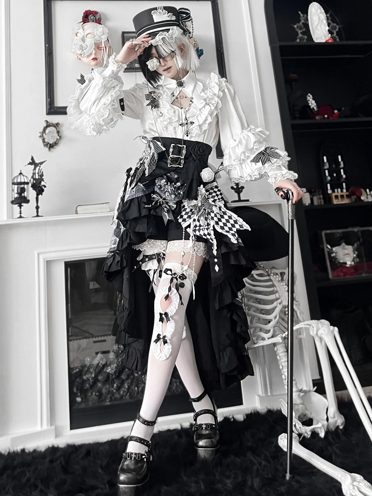 Black Cutout Accents Bow White with Ruffle Trim Stockings