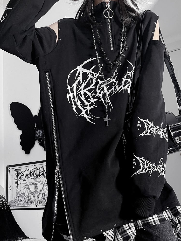 エモパンクショルダーカットアウトブラックレッドスウェットシャツデザイン