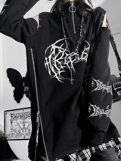エモパンクショルダーカットアウトブラックレッドスウェットシャツデザイン