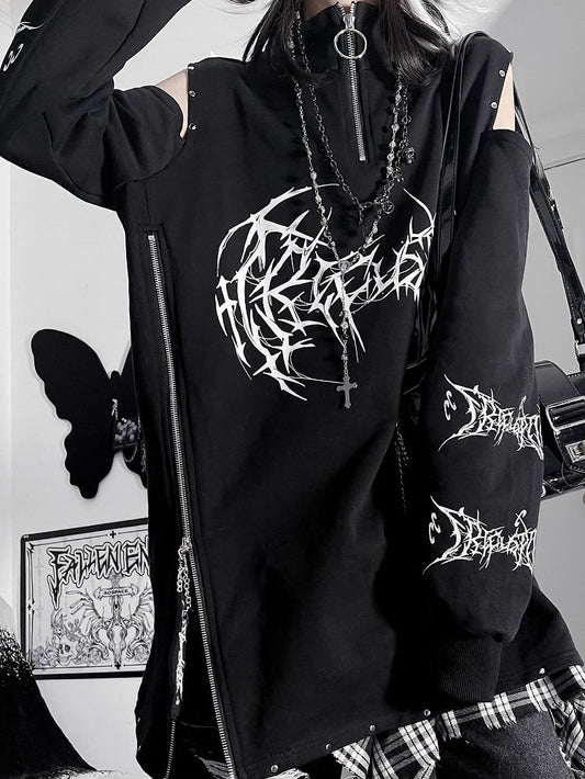 Emo Punk Shoulder Cutout BlackRed Sweatshirt Design