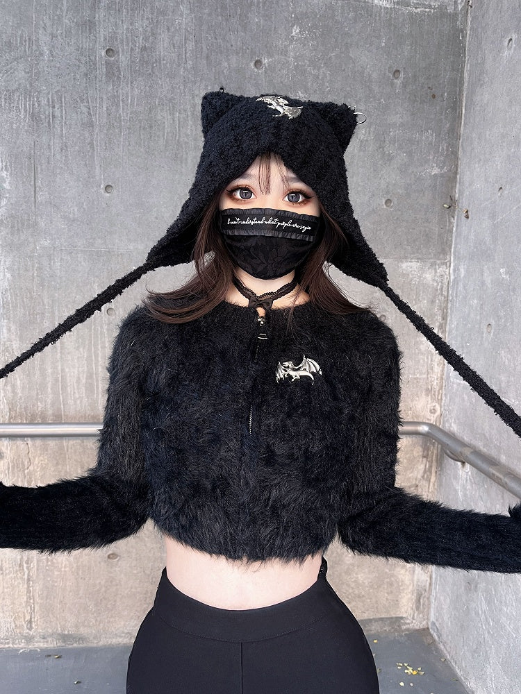 Knit Silver Detail Beanie Punk Devil Cat Y2K Dangling with Black Ties Ear