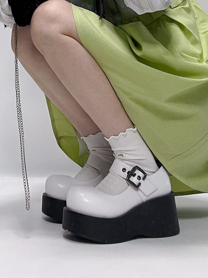 Platform Sole Embellishments Buckle White Mary Janes