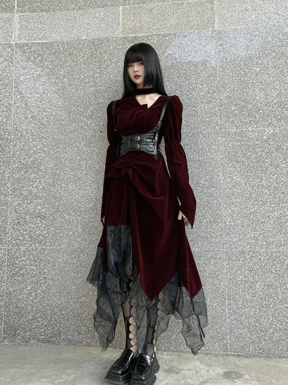 Gothic Wine Red Velvet Handkerchief Hem Midi Length Dress