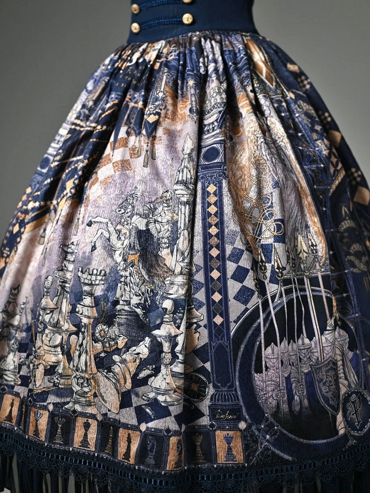 Dark Blue Corset Belt Waist Chess Print Lolita Skirt