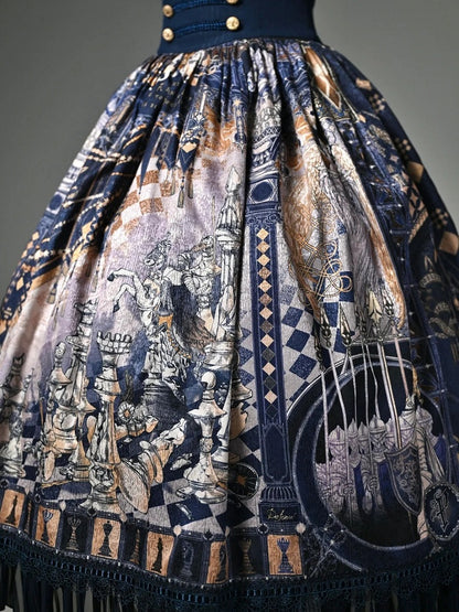 Dark Blue Corset Belt Waist Chess Print Lolita Skirt