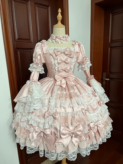 Kleid Sweet Lolita Rosa Akzente Hohe Abnehmbare mit Ärmeln Schleife Taille Prinzessin