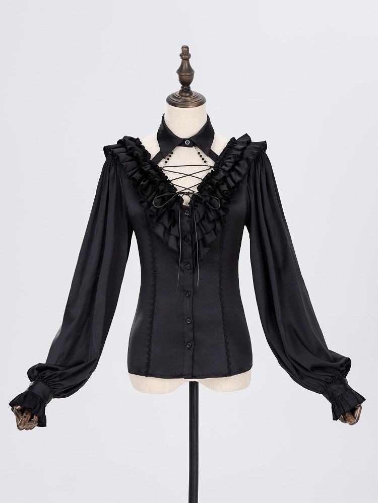 All Black Lace-up Ruffled V-neck Long Sleeves Backless Shirt - DevilInspired Exclusive Collection