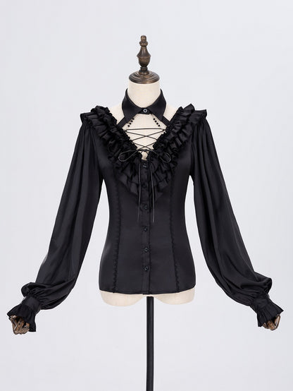 All Black Lace-up Ruffled V-neck Long Sleeves Backless Shirt - DevilInspired Exclusive Collection