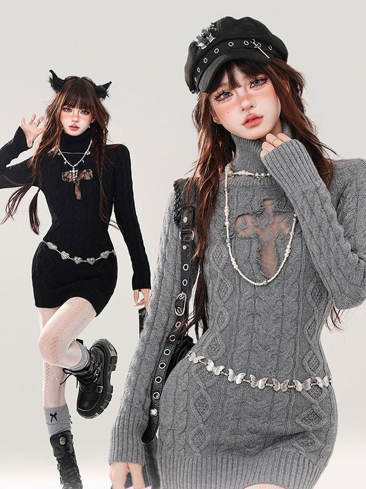 Black/Grey Cross Cutout Detail Turtle Neck Slim-fit Knit Dress