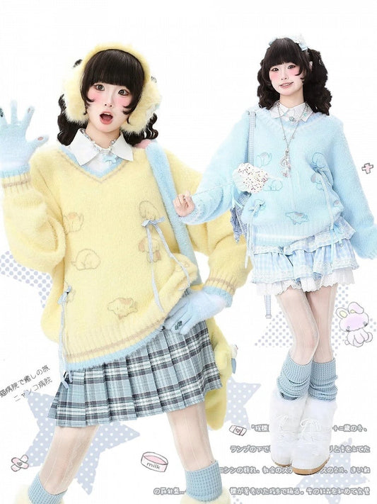 with Pattern Kawaii Dog V-neck Daily Clips Bow-shaped Yellow/Blue Sweater