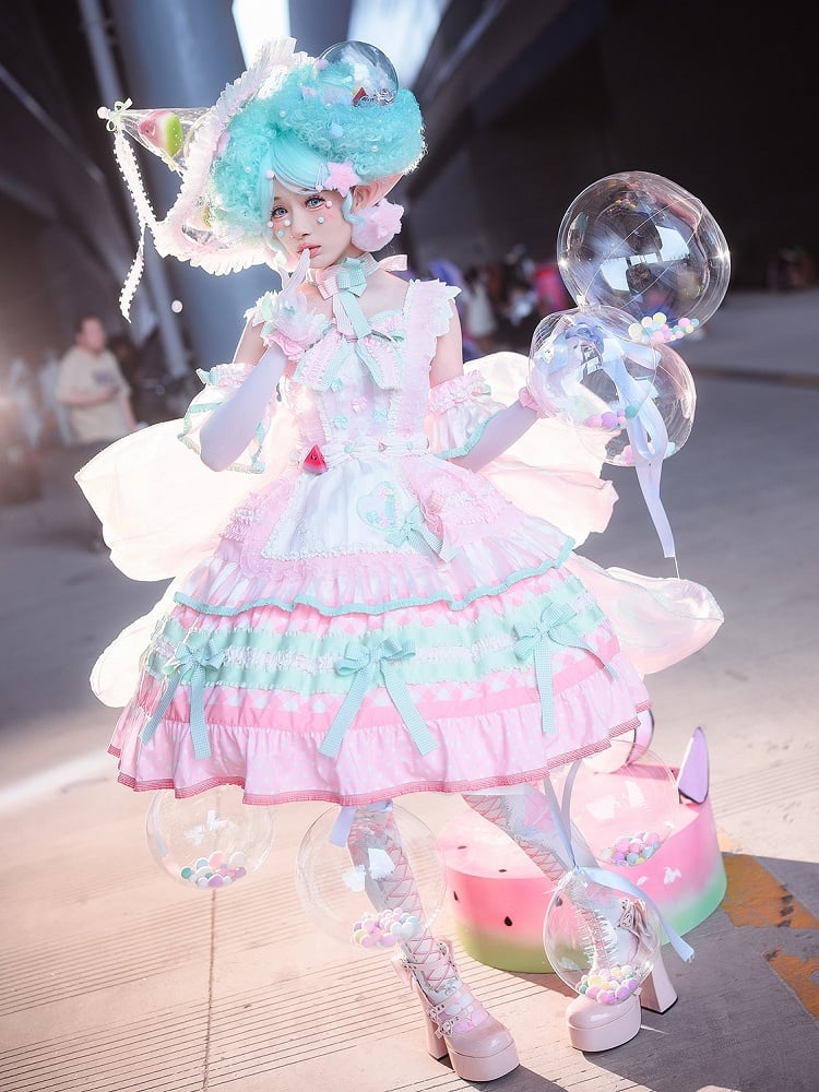 Full Watermelon and Tiered Sweet Pink Accents Skirt Lolita Set Cake Bow Green JSK