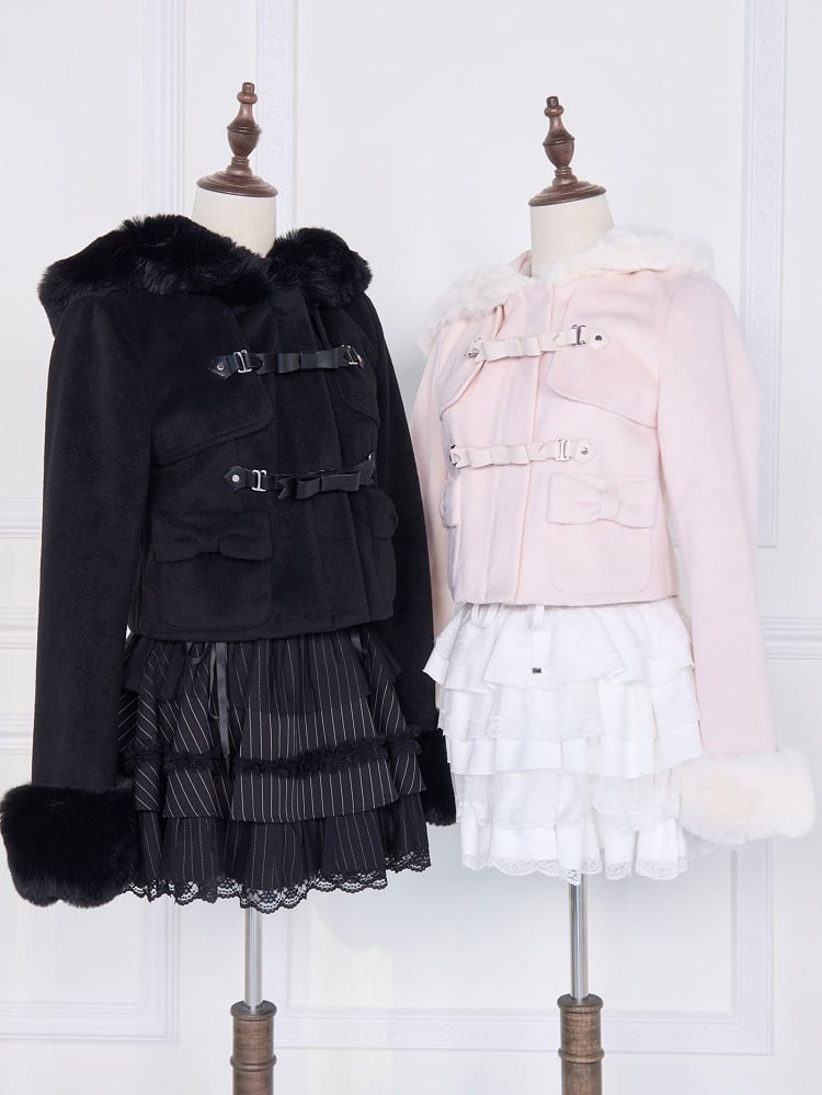 Black with Plush Hood Kei Bow Short Coat | Cuffs Details Jirai