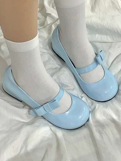 Design Sweet PU Janes Snap-Attached Lolita Bow in Blue Mary Low-heel Decor