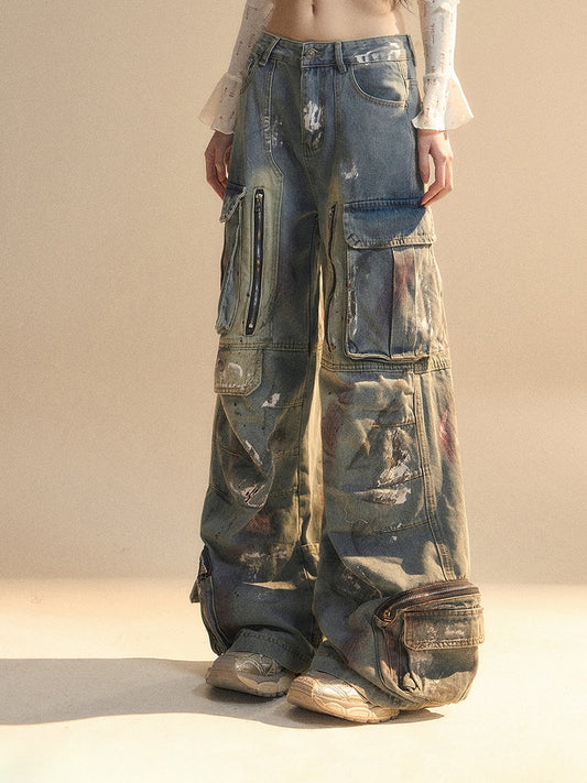 Blue Distressed Wide-Leg Jeans with Spray Paint Print and Zipper Pockets - Shao Ye Yan