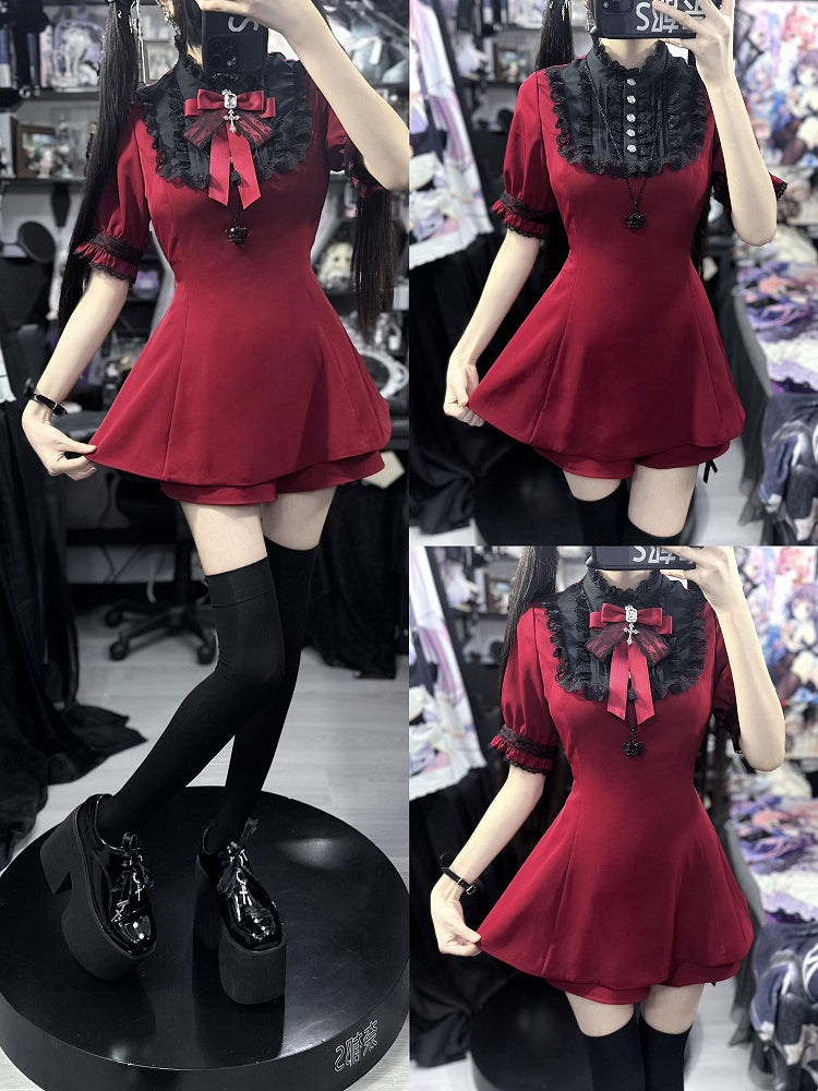 Black Kei Top Lace Set- Tie Detachable Gothic Short Faux Sleeve + Pointed Full Jirai Bow Collar Red Cape Coord Shorts