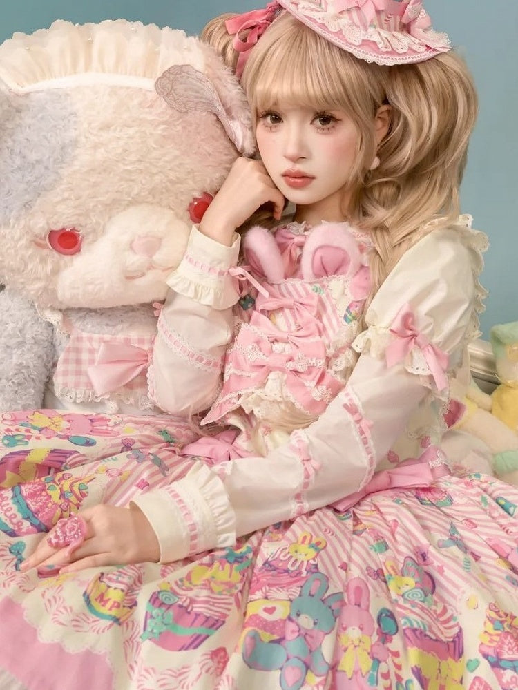 Pan Pink White Peter Lolita Blouse with Collar Bunny and Accents Ears Bow Dark