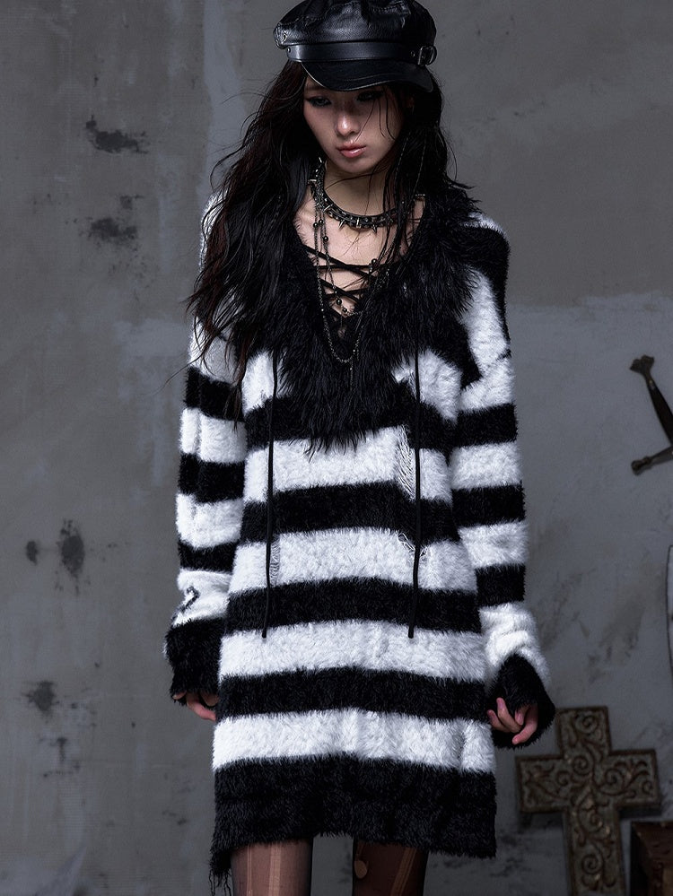 White with Striped Vintage Long Black Lacing Punk Crisscross Mink Distressed Collar Sweater Faux