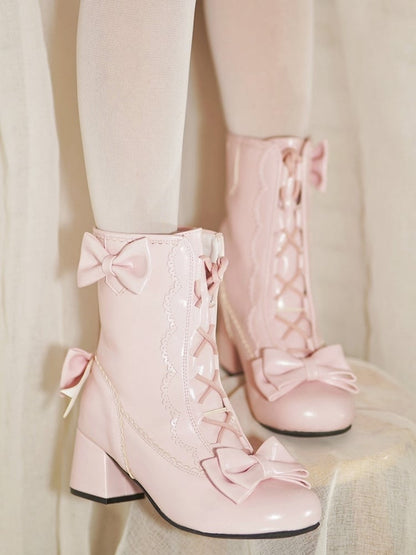Decor Lolita with Boots Scalloped PU Edges Pink Sweet Bow