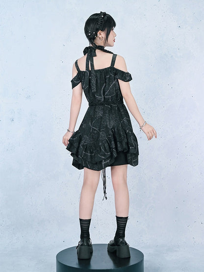 Gothic Black Off-Shoulder Cami Sea Lily Ruffle - Quirky Hut