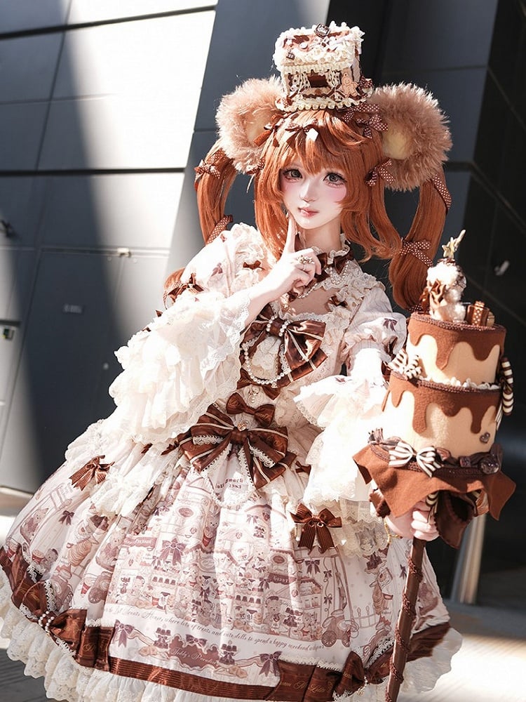 with Beige Print Sweet Bear Hem Bow Dress Brown Sleeves and Lace Little Accents Bell Lolita