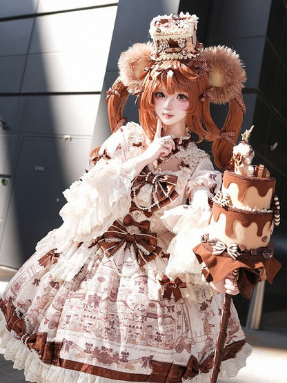 with Beige Print Sweet Bear Hem Bow Dress Brown Sleeves and Lace Little Accents Bell Lolita
