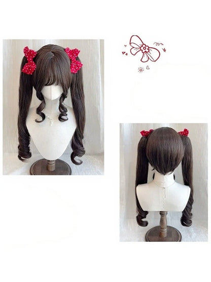 Chocolate 28cm Bob with Full Fringe & 55cm Curly Clip-On Twin Tails - Meow Island Wig