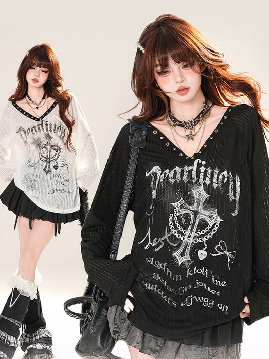 V-neck Cross Print Sun Protection Coverup Black/White