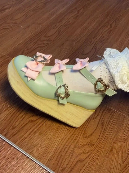 Pink Snap - Green Lolita Toe Pointed Bow Accents Ornate Hime Platforms Design