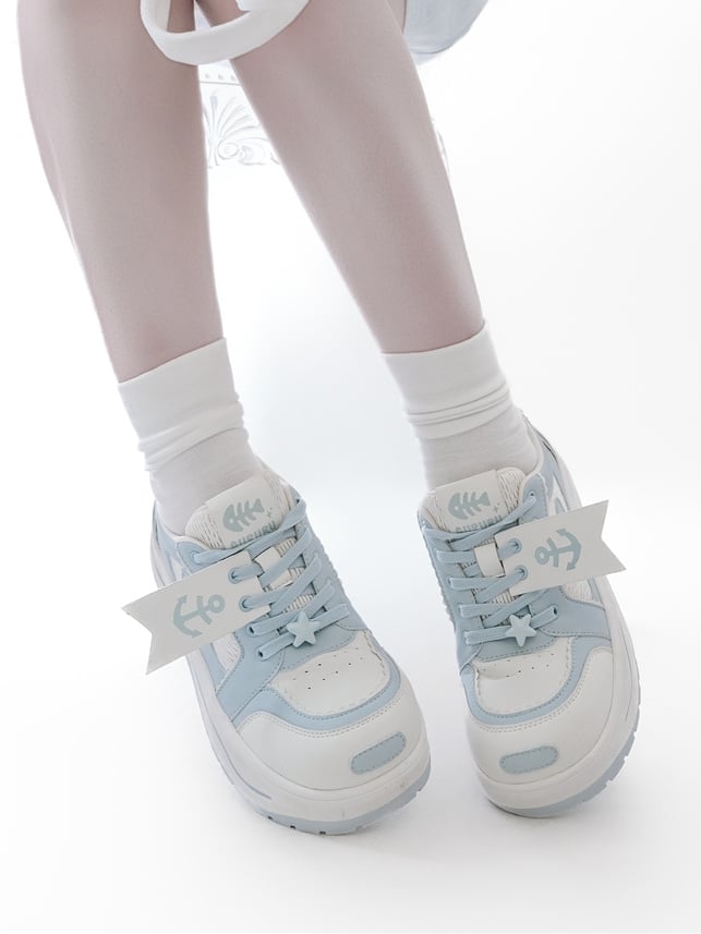 Light Blue Tenshi Kaiwai Platform Sneakers with Anchor Fish Bone Decor and Front Lace-Up Size 35 - GURURU