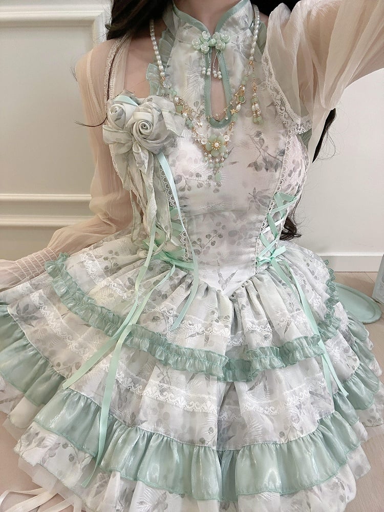 Lolita with Gentle Floral Green Halter Neck Dress Details Pattern Button Qipao-Style Lace