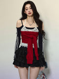 Black and Red Bold Tie Accent Halter Neck Long-Sleeve Top