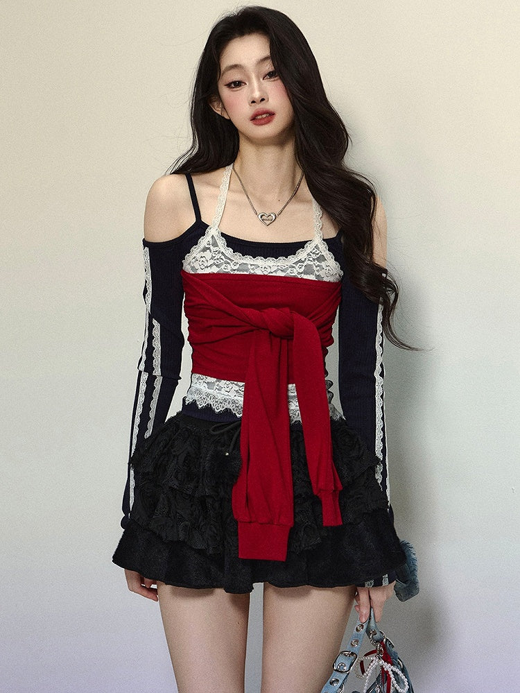 黒と赤の大胆なネクタイアクセントのホルターネック長袖トップス