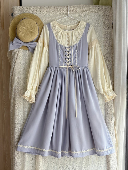 Light Gray & Beige Round Neck Long-sleeved Elegant Classic Lolita Dress with Lace-Up Front