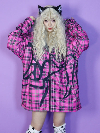 Fleece-Lined Hoodie Jacket Red Y2K Oversized Plaid Pattern Rose