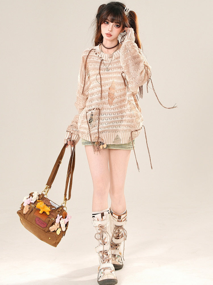 Protection Sun Gray/Beige Glamorous Long Hole Sleeves Distressed