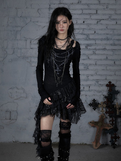Asymmetric Tiered Lace Dress Cross with Hood Black Hem Print Punk