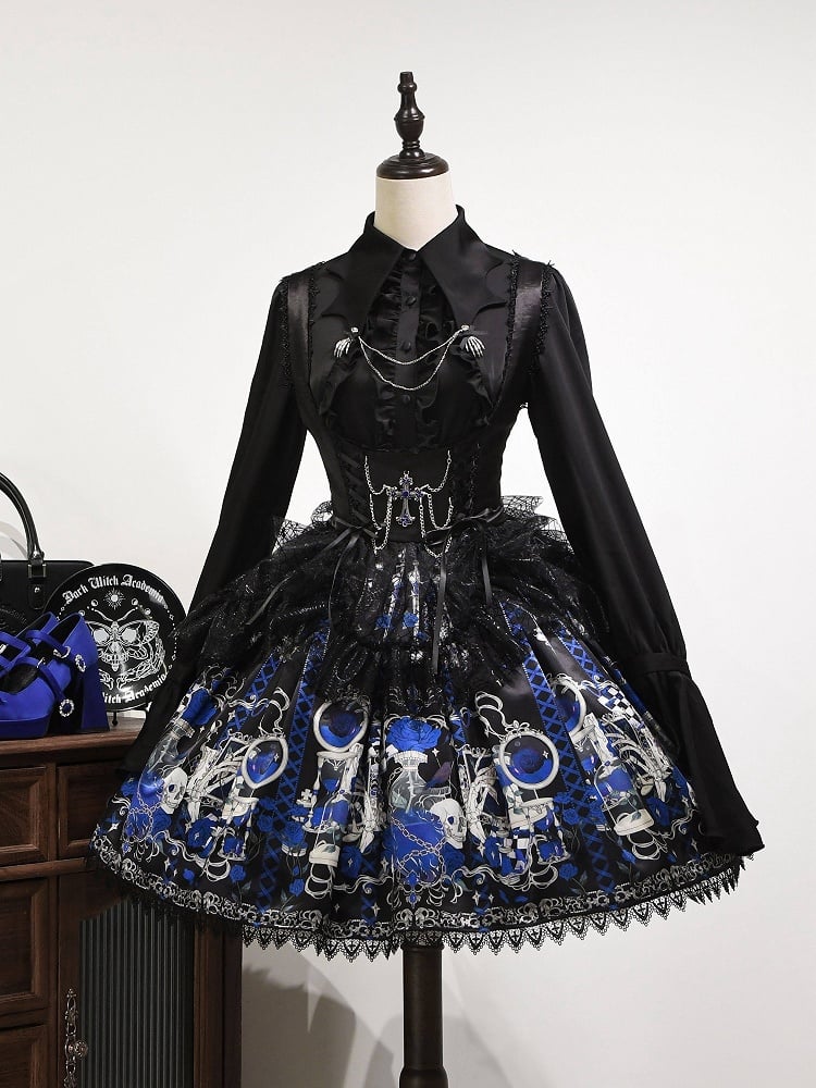 Short Skull Under and Spider with Print JSK Web Blue Dress Bust Gothic Lolita Rosette Overlay Klein