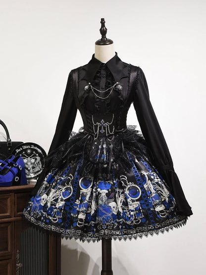 Short Skull Under and Spider with Print JSK Web Blue Dress Bust Gothic Lolita Rosette Overlay Klein