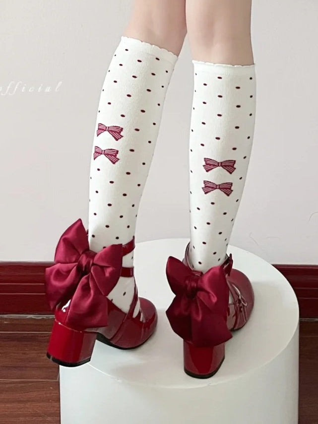 Accent Bow Crisscross Heels Mid Red Design Sweet Toe Round - Lolita
