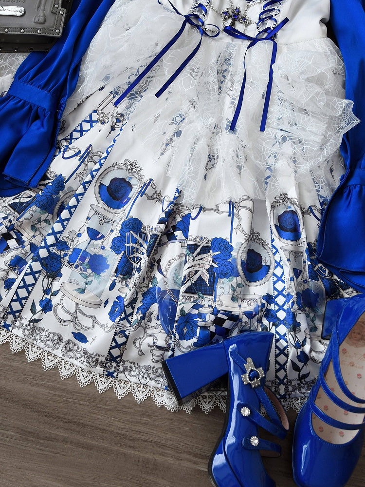 JSK Underbust Tête de Mort Bleue & Blanche avec Toile d'Araignée - Douce Chanson d'Amour
