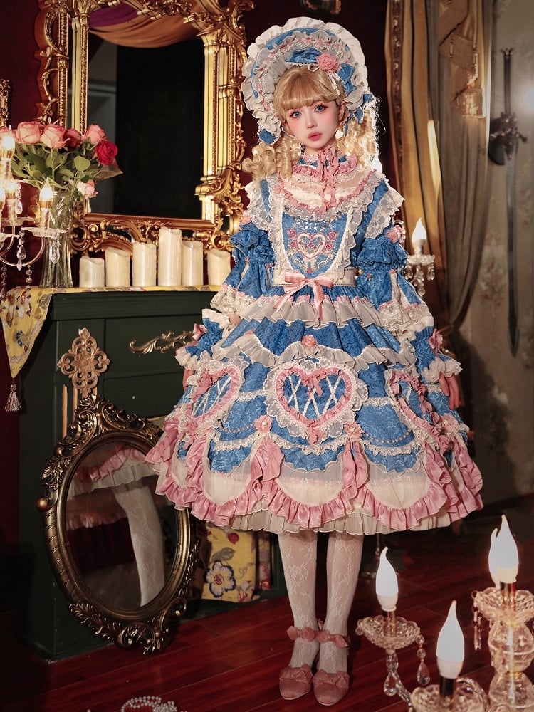 ブルーの花嫁ロゼット刺繍の花とビーズチェーンのディテールロリータOPフルセット