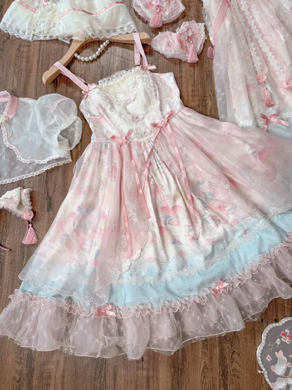 Rosa Lolita-Kleid mit baskischer Taille, Pfirsich- und Pfirsichblüten-Print JSK