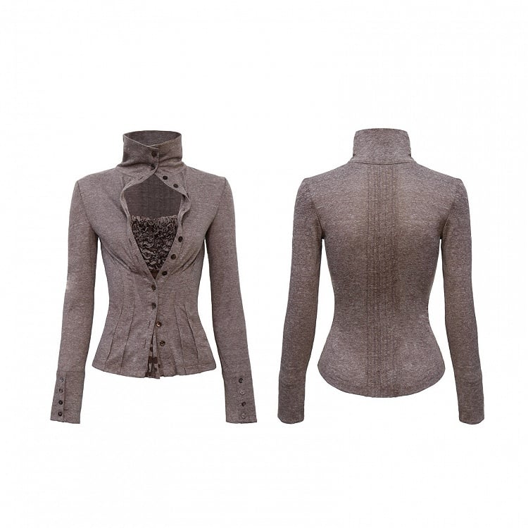 Sleeve Grey High Design Long Neck Two-piece Top Deep Details - Ruffle