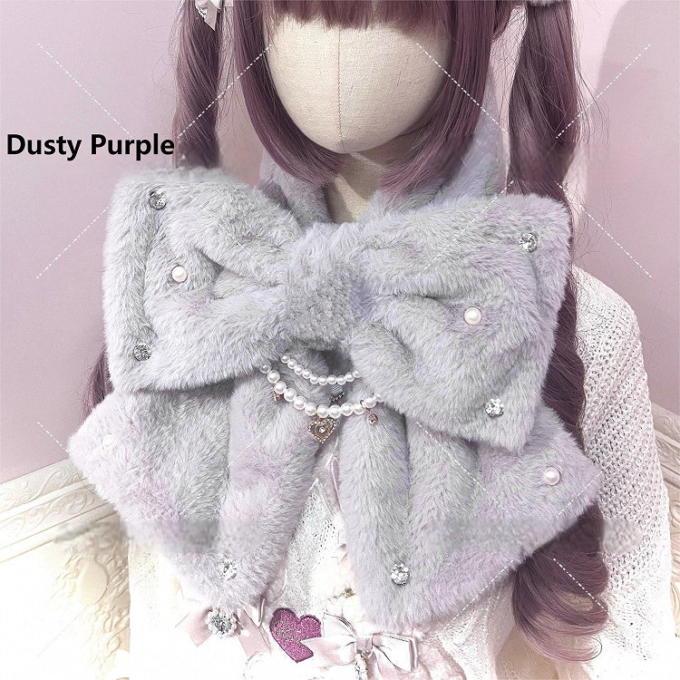 3 Beads Accents Scarf with Colors Rhinestone Bow Plush Chain