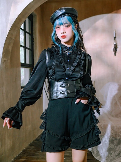 Black Balloon Sleeve Shirt with Ruffle Decoration - Quirky Hut