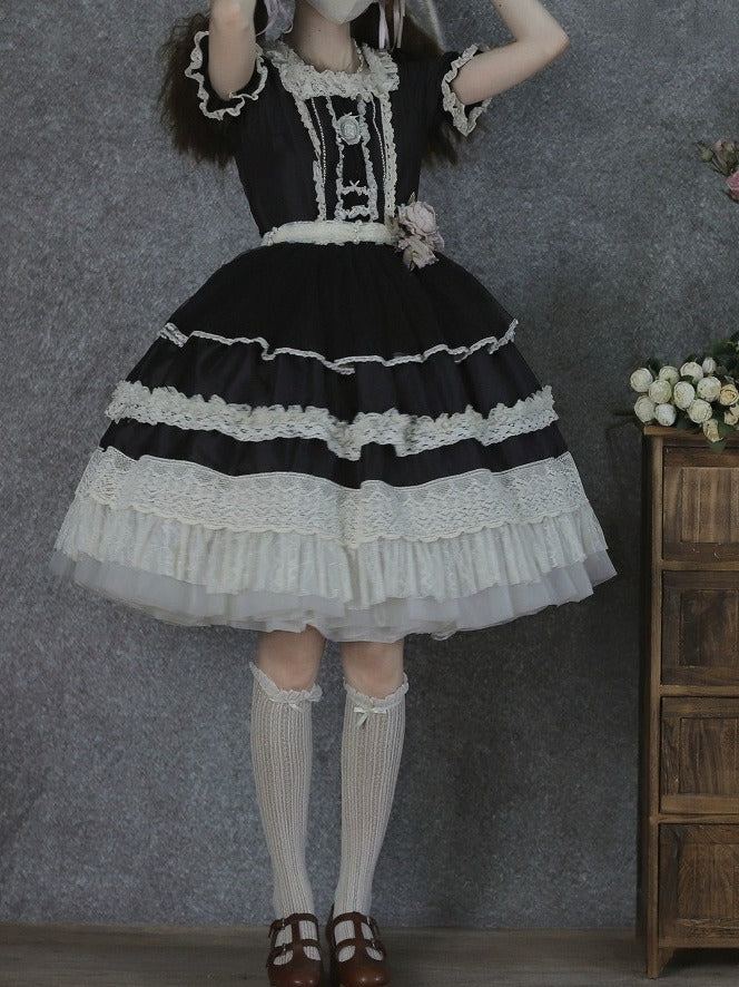 Black Square Neck Lace OP Dress with Bow - Tiny Garden